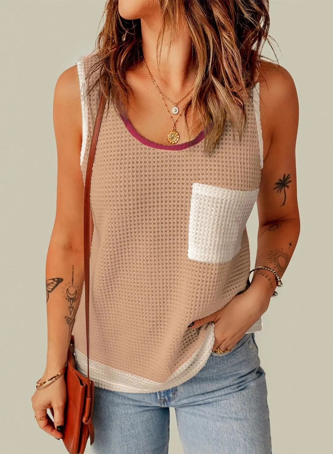 Dokotoo Womens Tank Tops Summer Waffle Knit Casual Crewneck Sleeveless Color Block Blouses Tops with Pockets