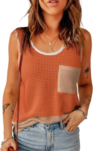 Dokotoo Womens Tank Tops Summer Waffle Knit Casual Crewneck Sleeveless Color Block Blouses Tops with Pockets