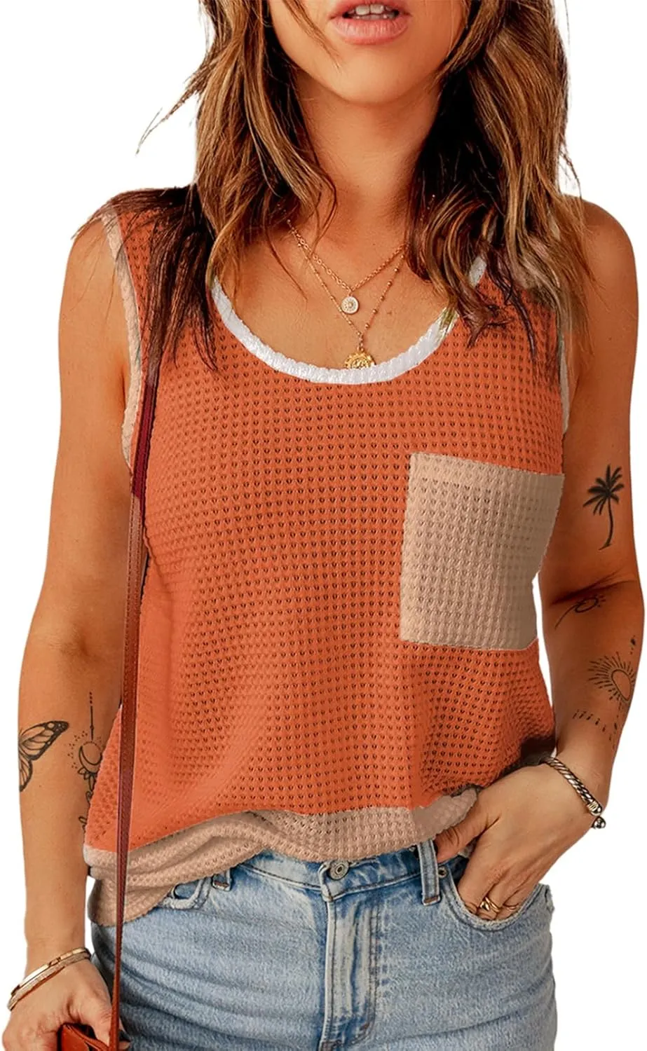 Dokotoo Womens Tank Tops Summer Waffle Knit Casual Crewneck Sleeveless Color Block Blouses Tops with Pockets