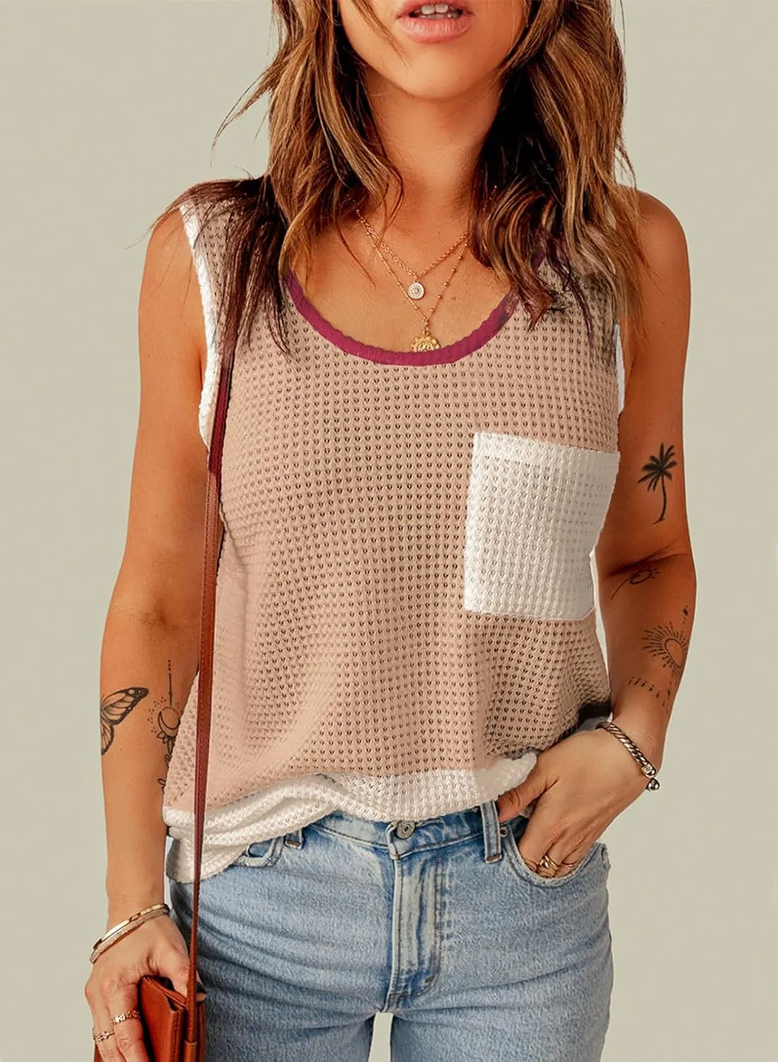 Dokotoo Womens Tank Tops Summer Waffle Knit Casual Crewneck Sleeveless Color Block Blouses Tops with Pockets