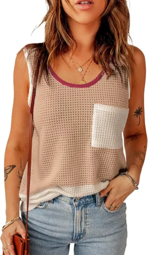 Dokotoo Womens Tank Tops Summer Waffle Knit Casual Crewneck Sleeveless Color Block Blouses Tops with Pockets