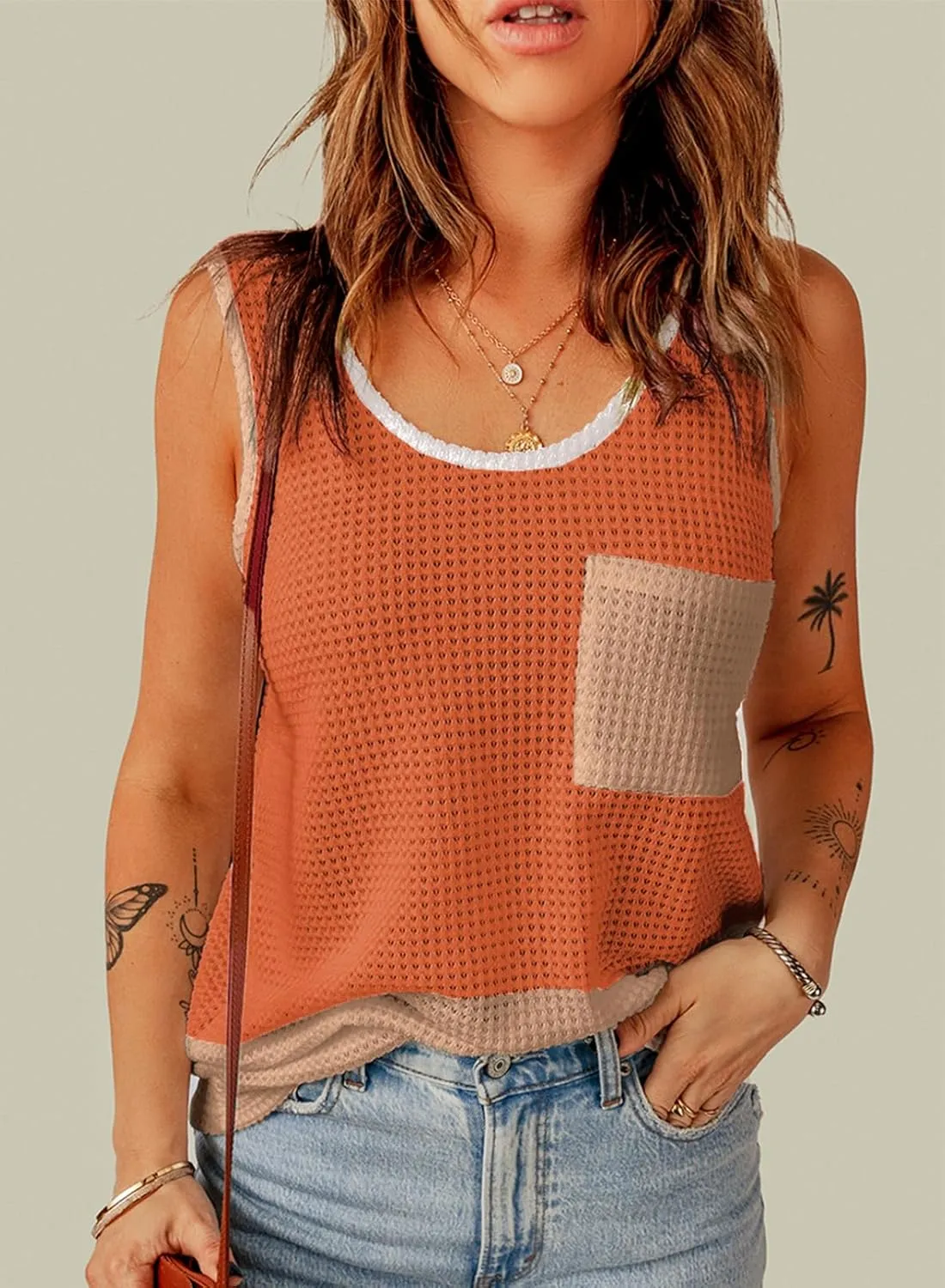 Dokotoo Womens Tank Tops Summer Waffle Knit Casual Crewneck Sleeveless Color Block Blouses Tops with Pockets