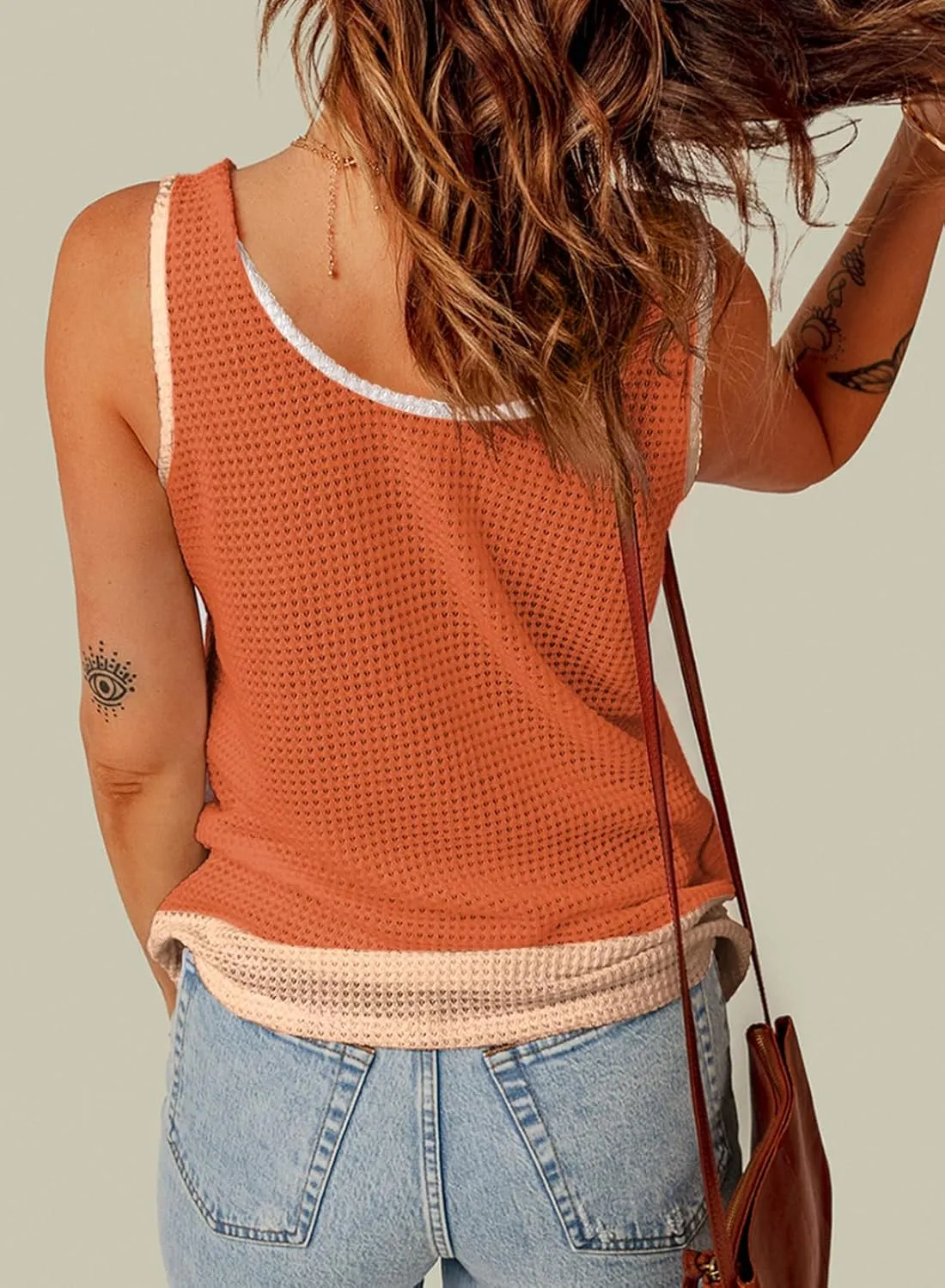 Dokotoo Womens Tank Tops Summer Waffle Knit Casual Crewneck Sleeveless Color Block Blouses Tops with Pockets