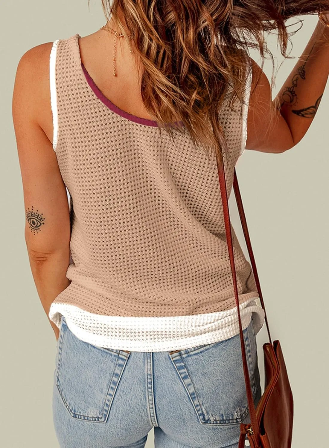 Dokotoo Womens Tank Tops Summer Waffle Knit Casual Crewneck Sleeveless Color Block Blouses Tops with Pockets