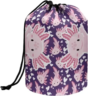 Dolyues Axolotls Drawstring Cosmetic Bag for Women Cute Barrel Makeup Bag Portable Travel Toiletry Bucket Bag Multifunctional Cosmetic Storage Pouch