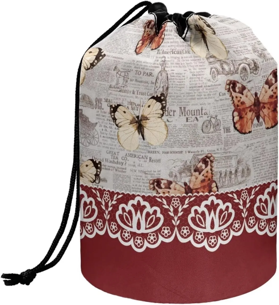 Dolyues Drawstring Barrel Makeup Bag Butterfly Print Cosmetic Pouch Multifunctional Toiletry Bucket Organizer Portable Cosmetic Travel Bags for Women