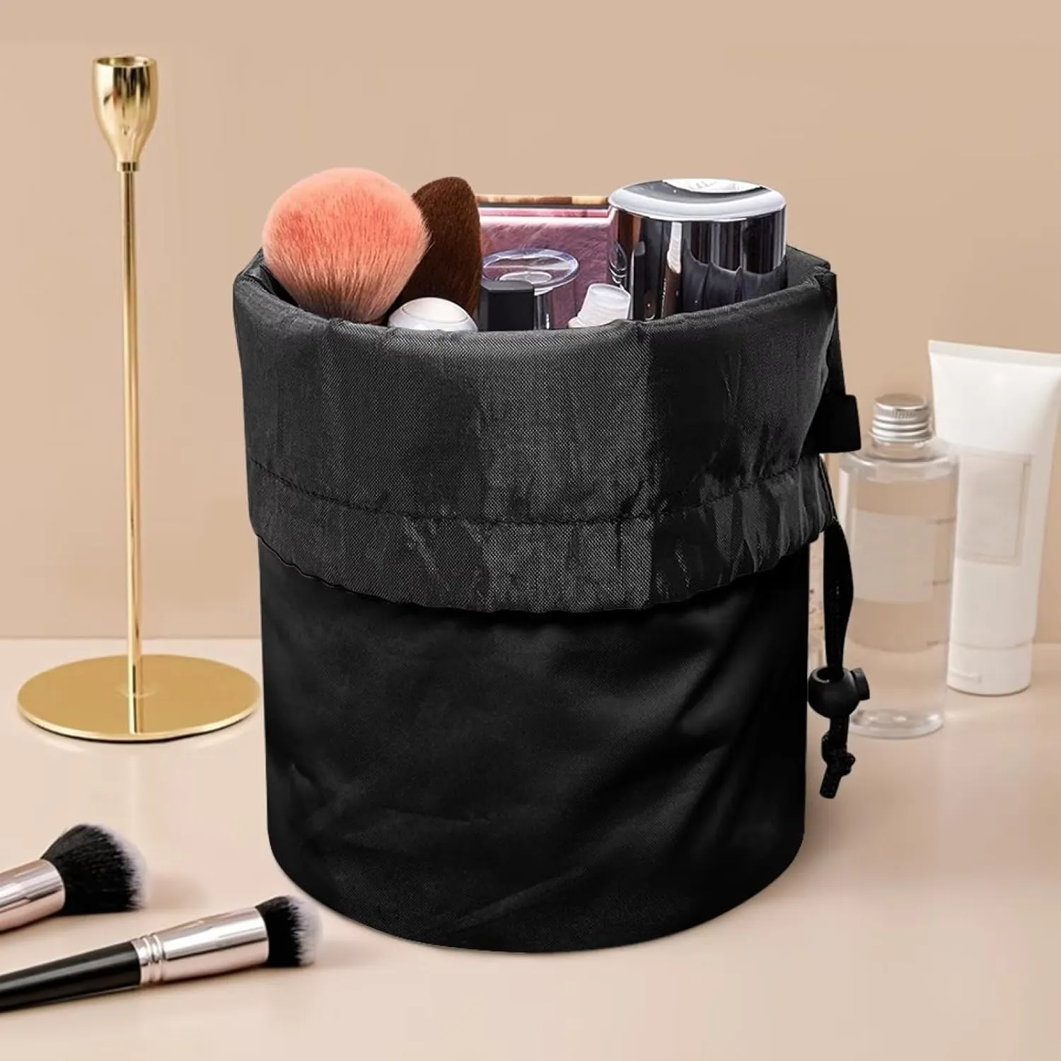 Dolyues Drawstring Barrel Makeup Bag Butterfly Print Cosmetic Pouch Multifunctional Toiletry Bucket Organizer Portable Cosmetic Travel Bags for Women