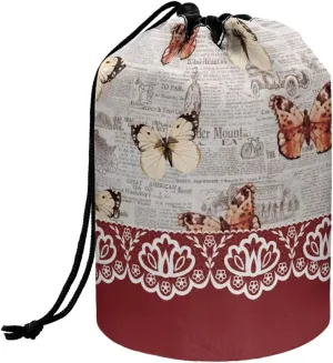 Dolyues Drawstring Barrel Makeup Bag Butterfly Print Cosmetic Pouch Multifunctional Toiletry Bucket Organizer Portable Cosmetic Travel Bags for Women