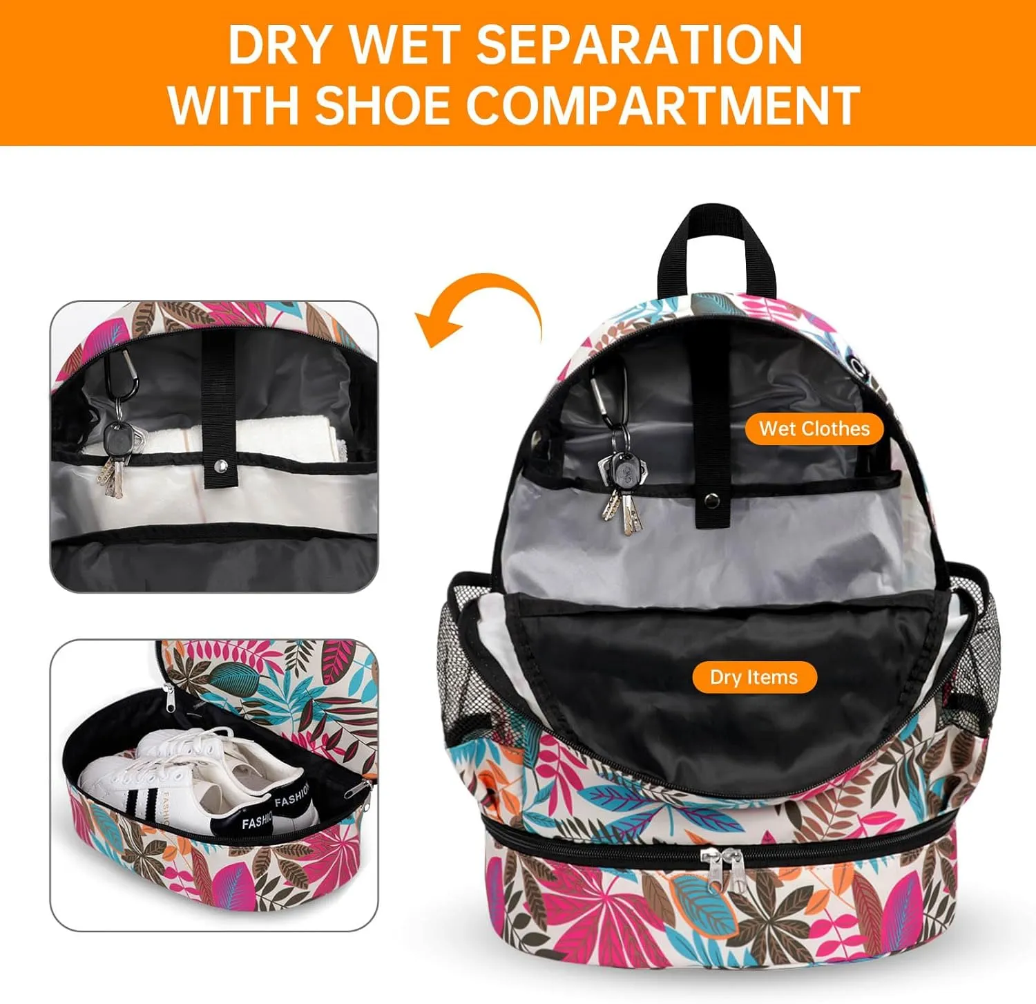 Dry Wet Gym Backpack with Shoe Compartment for Women Men Packable Anti-Water Sports Bag for Swimming Beach Yoga Travel, Maple Leaf