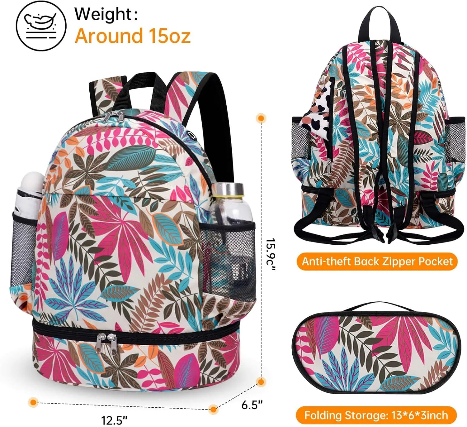Dry Wet Gym Backpack with Shoe Compartment for Women Men Packable Anti-Water Sports Bag for Swimming Beach Yoga Travel, Maple Leaf