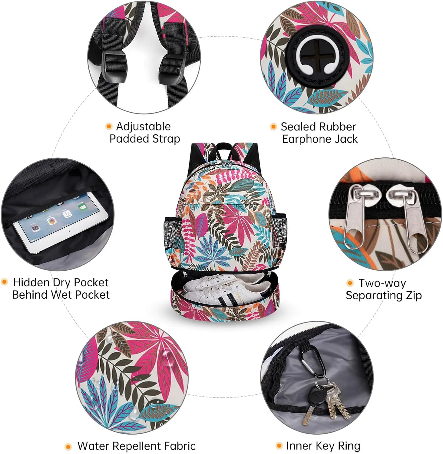 Dry Wet Gym Backpack with Shoe Compartment for Women Men Packable Anti-Water Sports Bag for Swimming Beach Yoga Travel, Maple Leaf