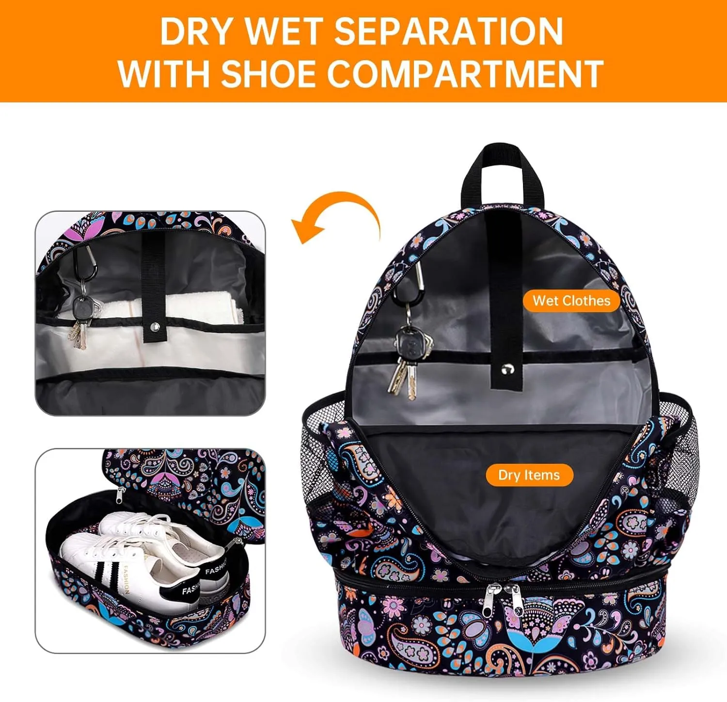 Dry Wet Gym Backpack with Shoe Compartment for Women Men Packable Anti-Water Sports Bag for Swimming Beach Yoga Travel, Paisley
