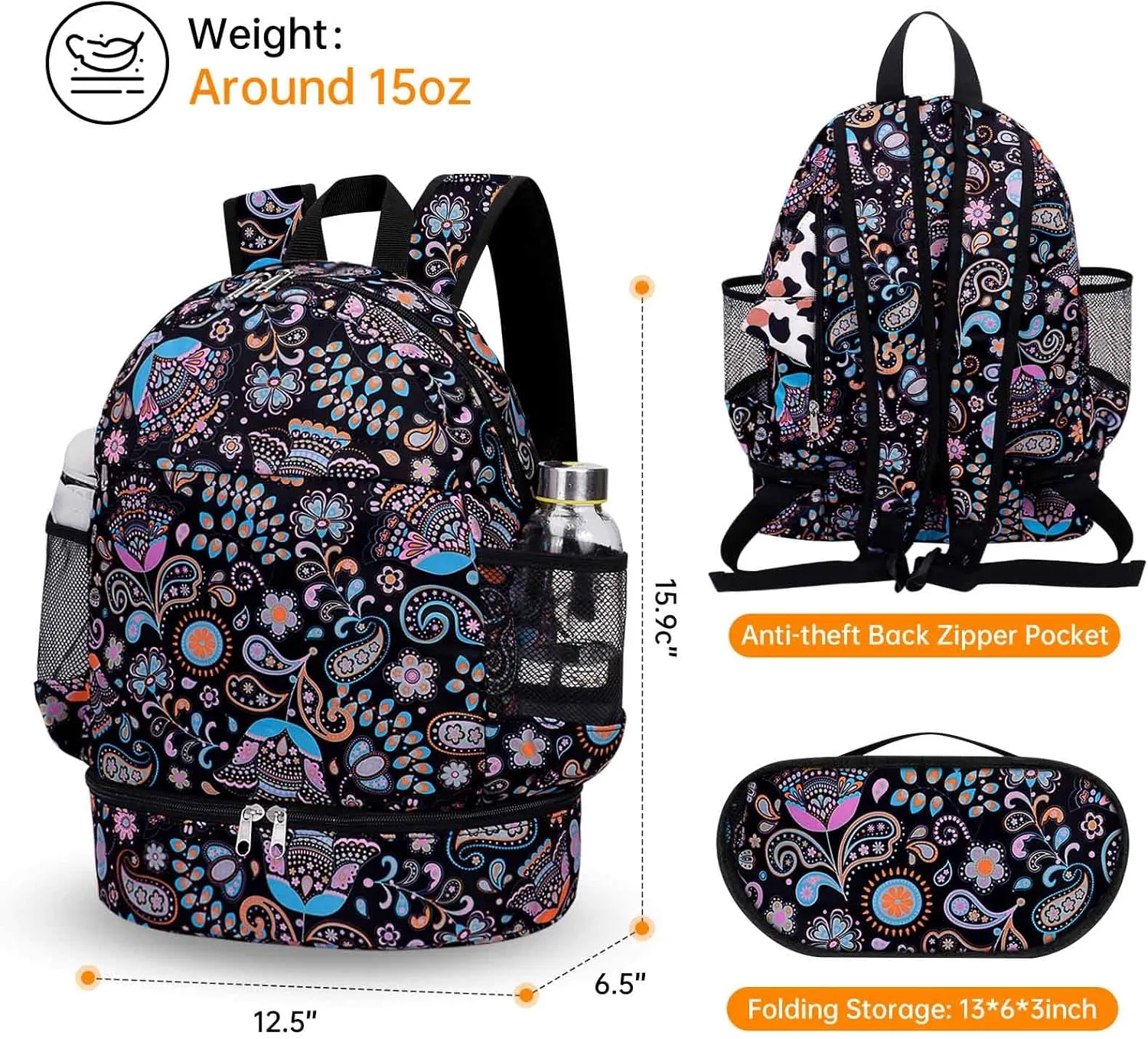 Dry Wet Gym Backpack with Shoe Compartment for Women Men Packable Anti-Water Sports Bag for Swimming Beach Yoga Travel, Paisley