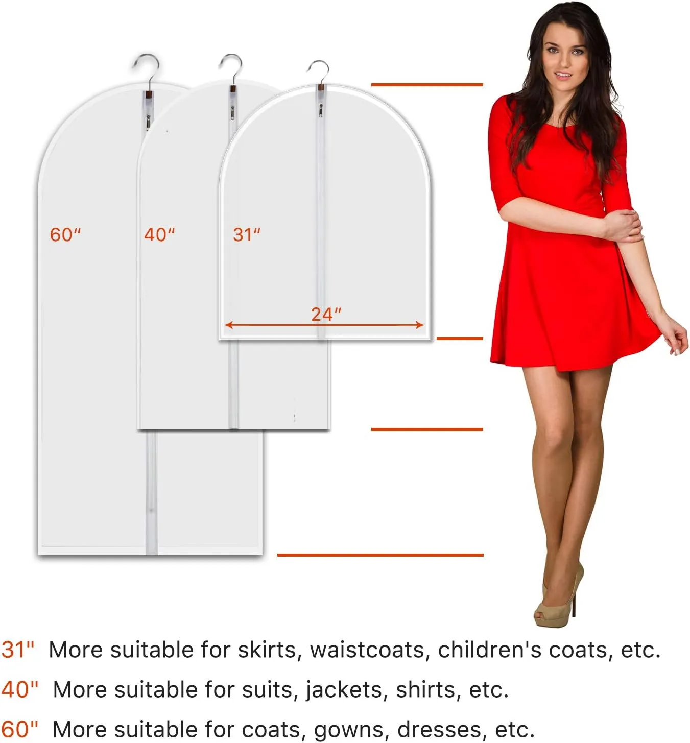 Dust Proof Garment Bags 7 Piece Set - 31 Inch Translucent Garment Covers with Full-Length Zipper for Closet Clothes Storage and Travel. Bonus: 5 Natural Cedar Ball.