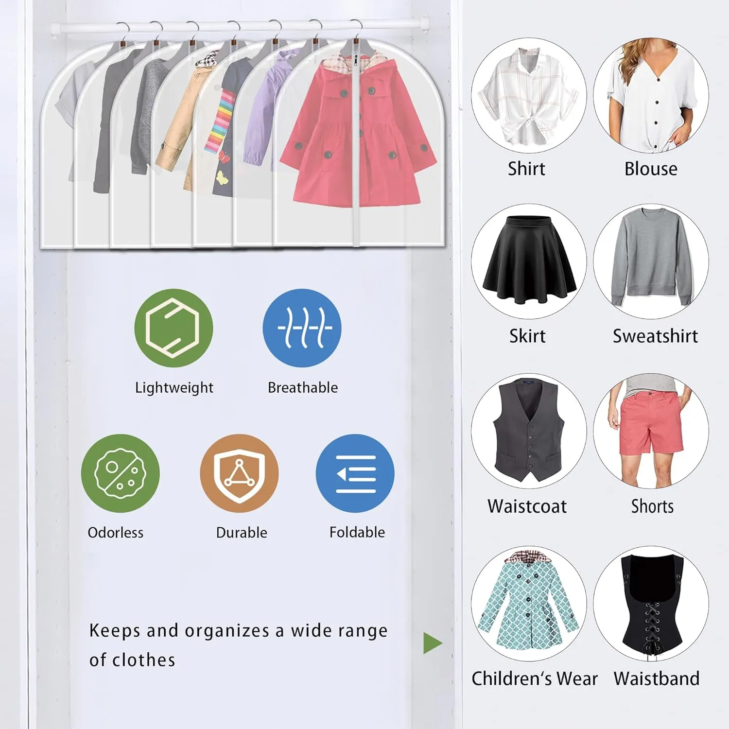 Dust Proof Garment Bags 7 Piece Set - 31 Inch Translucent Garment Covers with Full-Length Zipper for Closet Clothes Storage and Travel. Bonus: 5 Natural Cedar Ball.