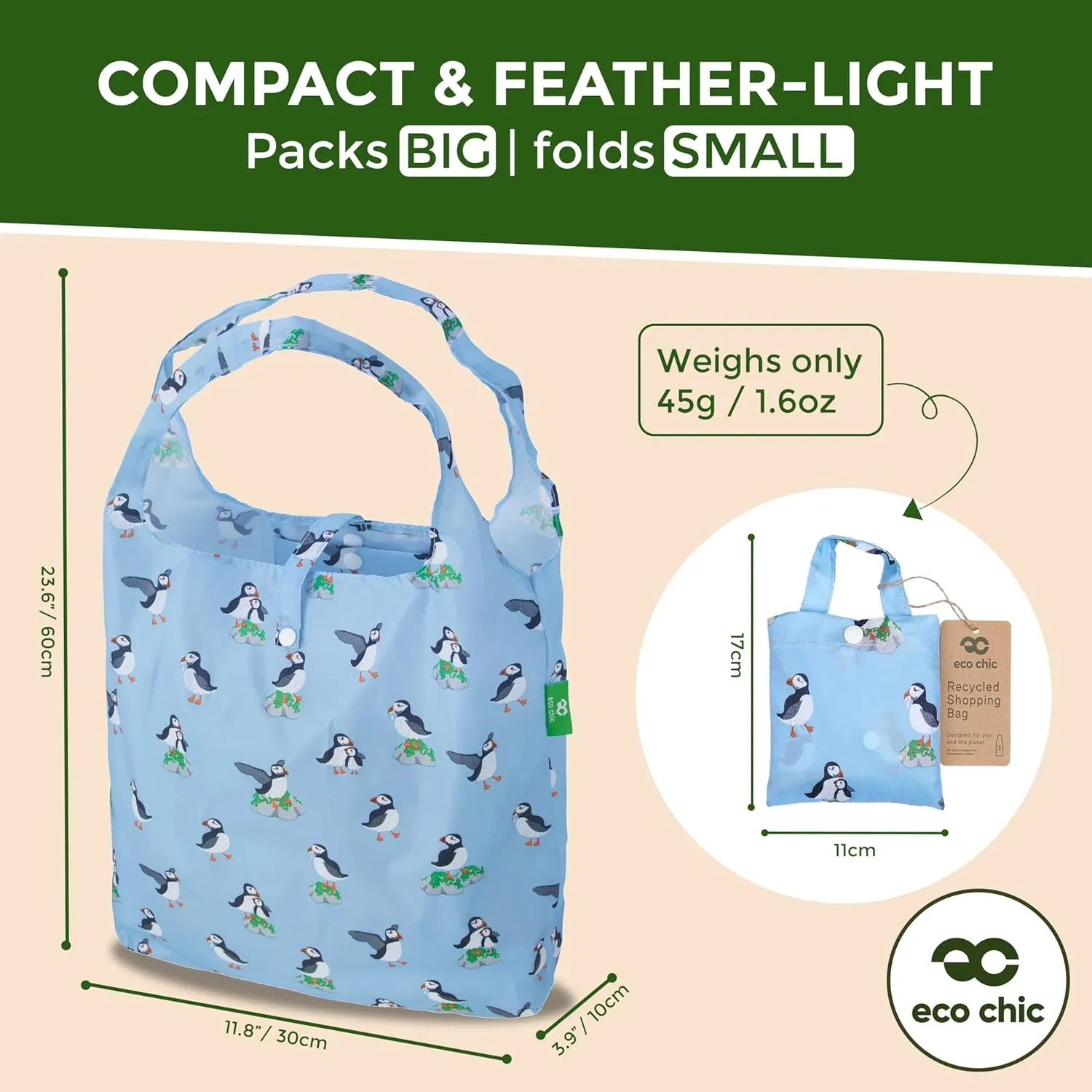 ECO CHIC Foldable Reusable Grocery Bags - Lightweight, Recycled & Reusable Shopping Bag - Waterproof Packable Tote
