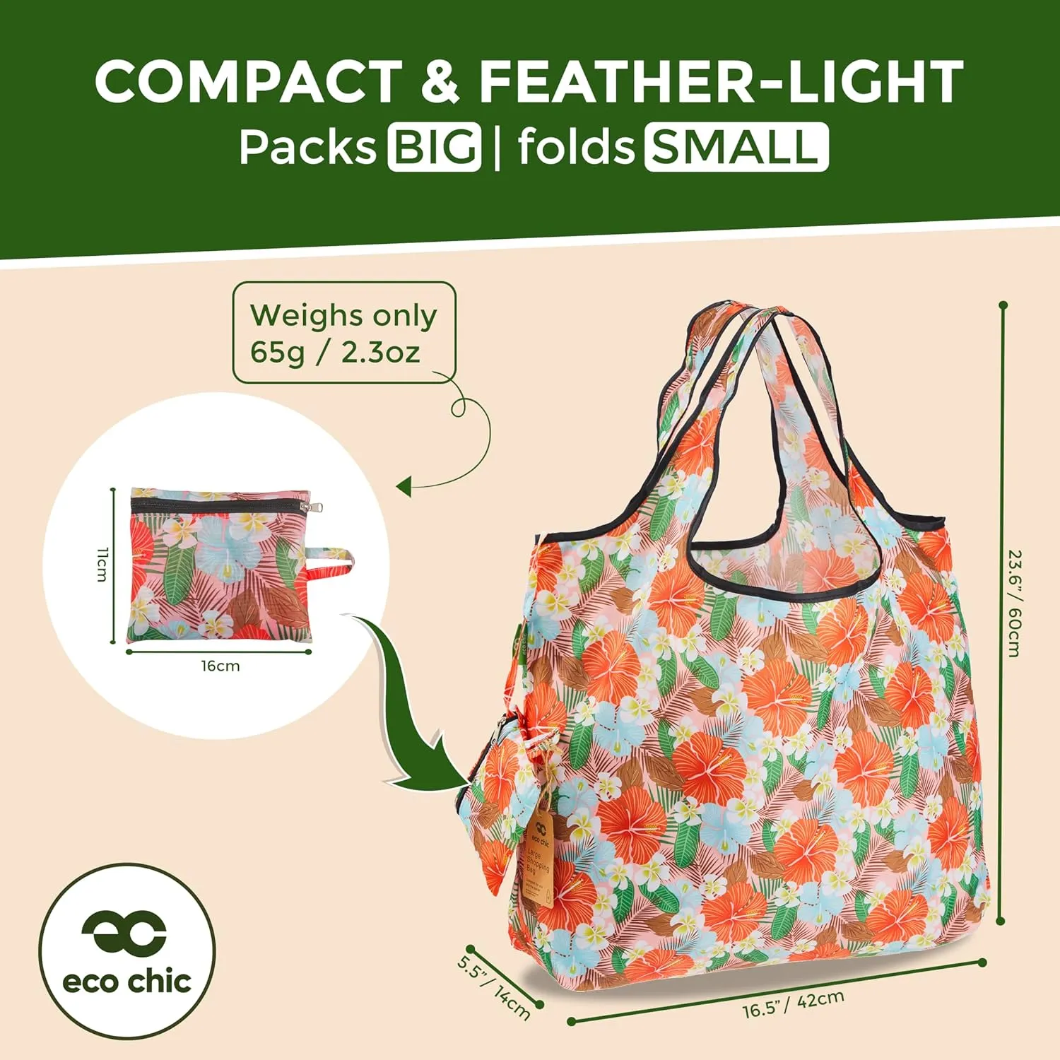 ECO CHIC Foldable Reusable Large Recycled Grocery Bags Lightweight Shopping Tote Bags with Storage Pouch - Collection of 4 bags