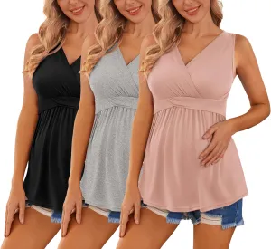 Ekouaer Women's Maternity Tank Tops 3 Packs Sleeveless Nursing Tops V Neck Breastfeeding Shirts Pregnancy Clothes