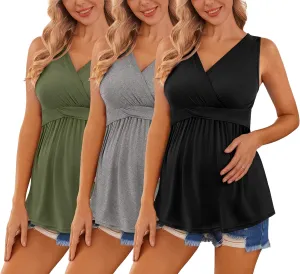Ekouaer Women's Maternity Tank Tops 3 Packs Sleeveless Nursing Tops V Neck Breastfeeding Shirts Pregnancy Clothes