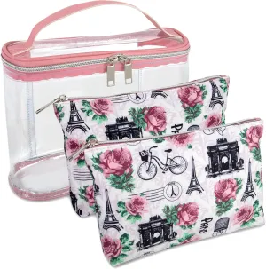 Emma & Chloe 3 Piece Toiletry Bag Set, Waterproof Home or Travel Cosmetic Train Case Makeup Bags for Women with Handle and Zipper (Retour  Paris)