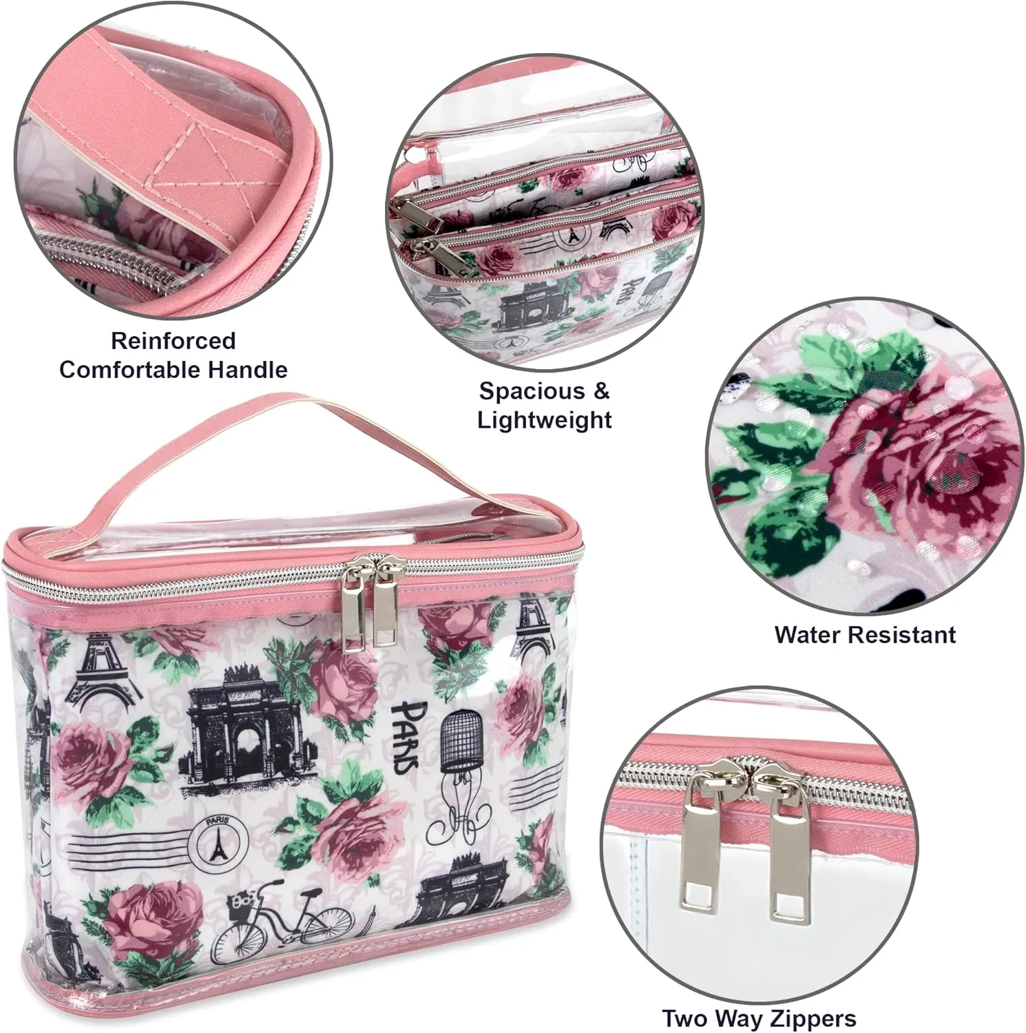 Emma & Chloe 3 Piece Toiletry Bag Set, Waterproof Home or Travel Cosmetic Train Case Makeup Bags for Women with Handle and Zipper (Retour  Paris)