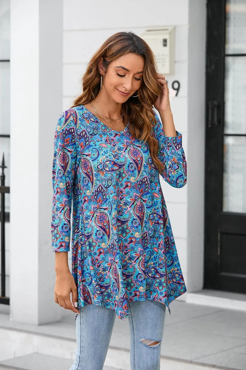 ENMAIN Tunic Tops for Women 3/4 Sleeve Plus Size Women's Tunics Loose Fit Floral Swing Flare Ladies Blouse for Leggings