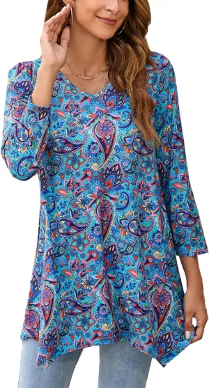 ENMAIN Tunic Tops for Women 3/4 Sleeve Plus Size Women's Tunics Loose Fit Floral Swing Flare Ladies Blouse for Leggings