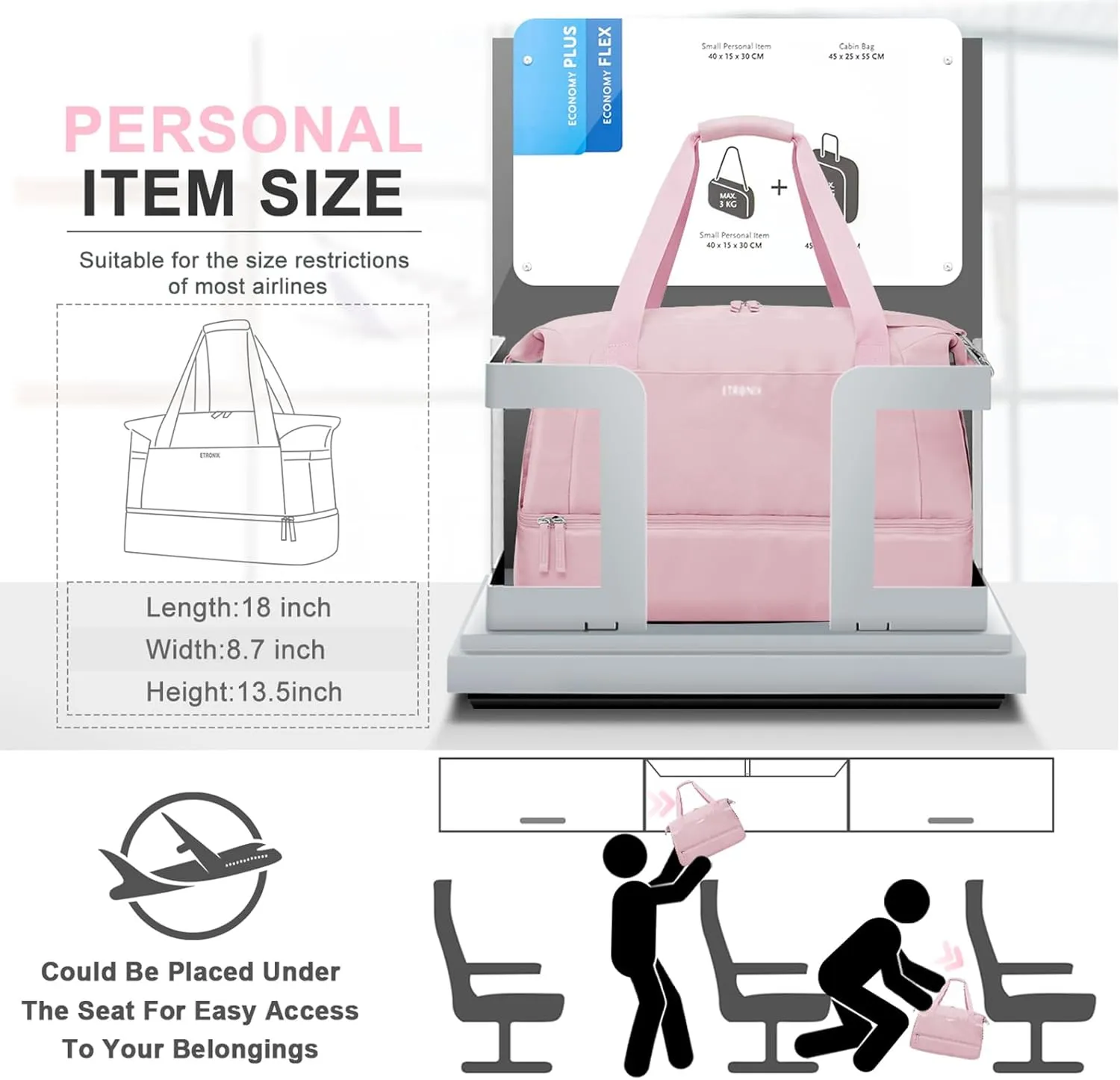 ETRONIK Gym Bag for Women, Personal Item Travel Bag with Shoes Compartment, Weekender Overnight Duffel Bag with Wet Pocket & USB Charging Port, Carry On Bag for Women, Travel, Gym, Weekend (Pink)