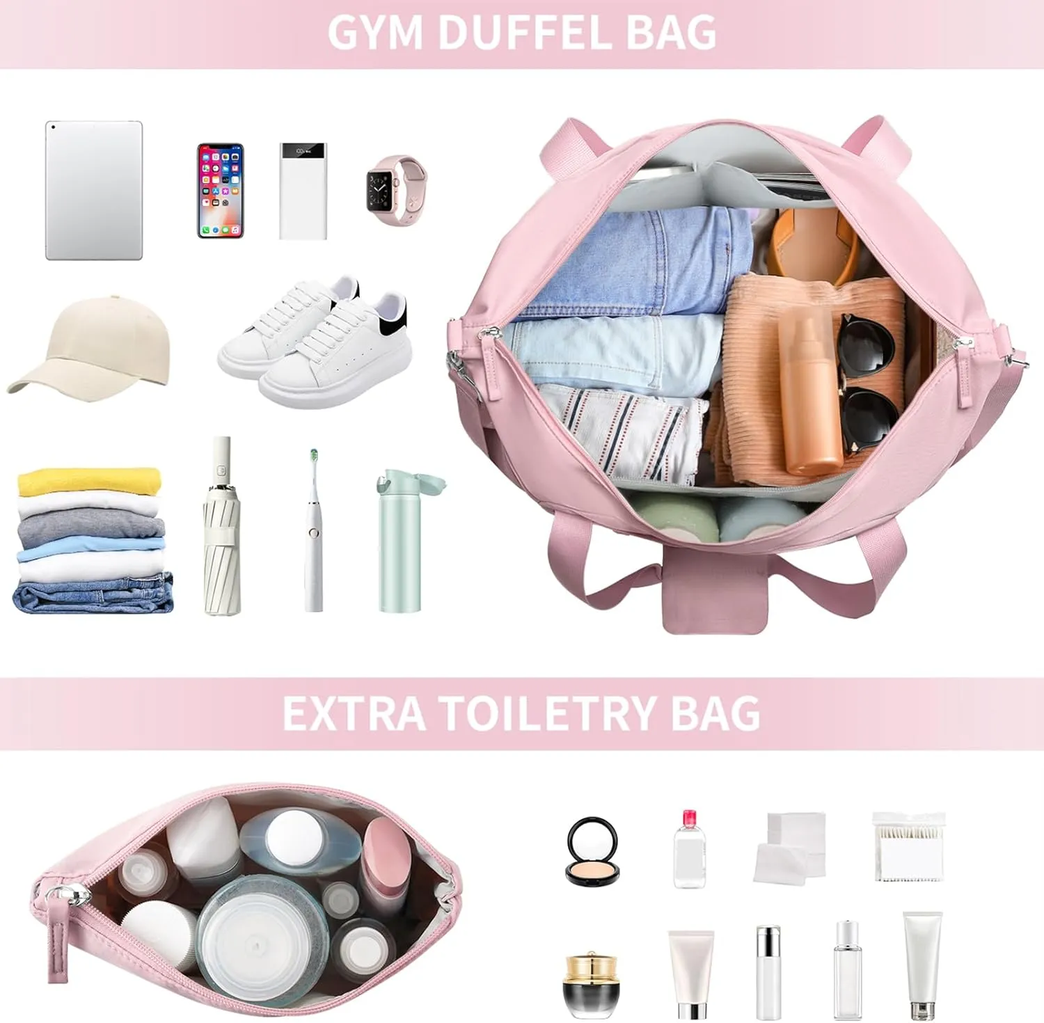 ETRONIK Gym Bag for Women, Personal Item Travel Bag with Shoes Compartment, Weekender Overnight Duffel Bag with Wet Pocket & USB Charging Port, Carry On Bag for Women, Travel, Gym, Weekend (Pink)