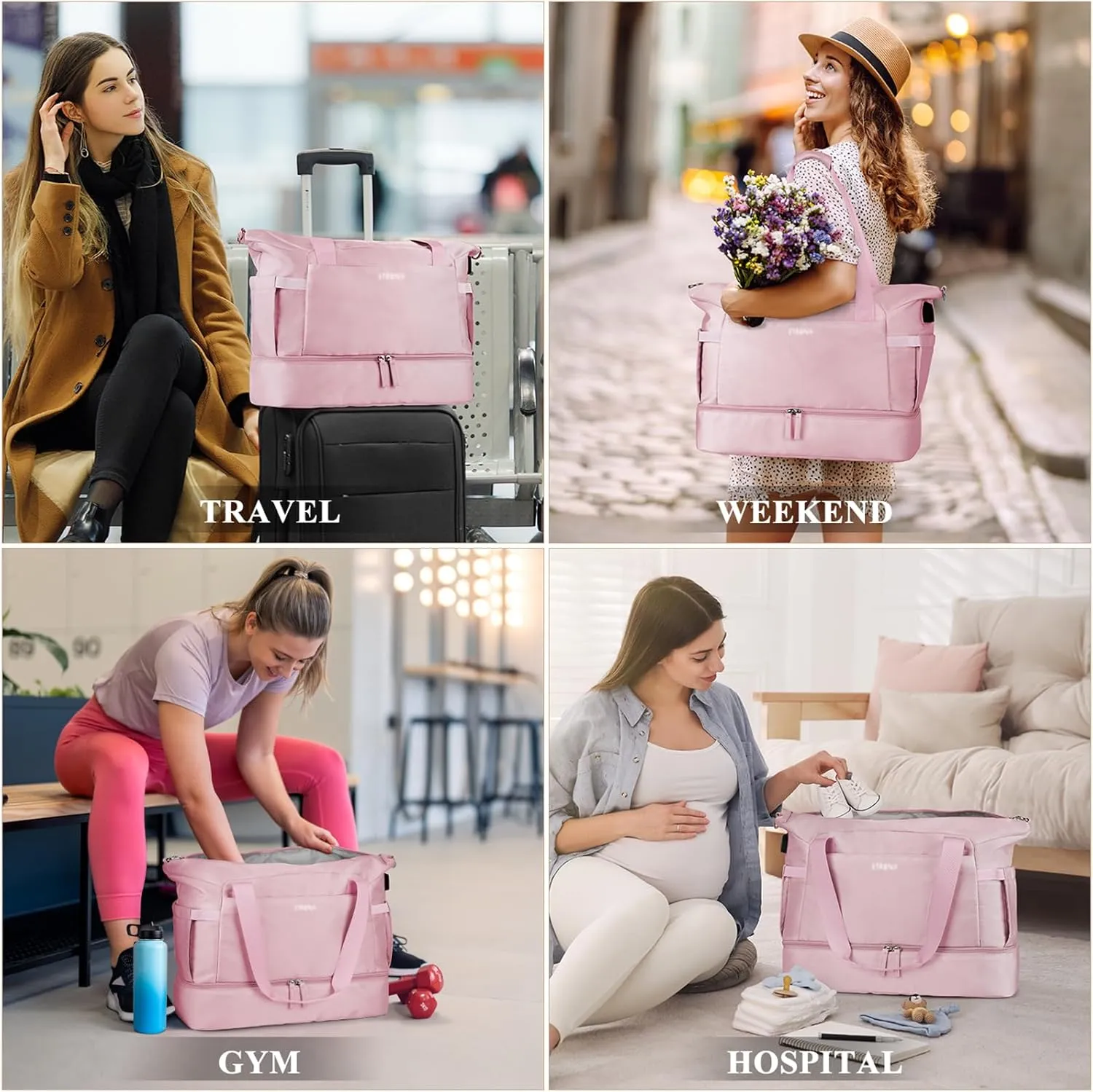 ETRONIK Gym Bag for Women, Personal Item Travel Bag with Shoes Compartment, Weekender Overnight Duffel Bag with Wet Pocket & USB Charging Port, Carry On Bag for Women, Travel, Gym, Weekend (Pink)