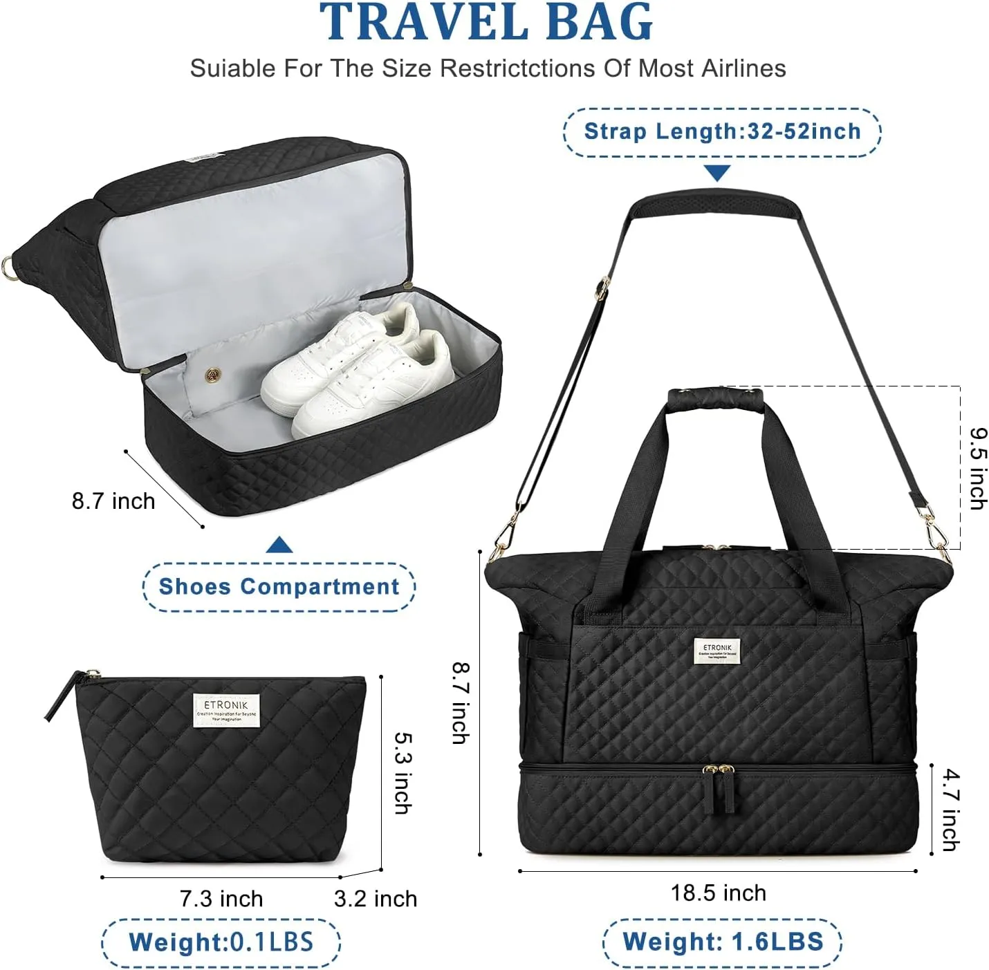 ETRONIK Travel Bag, Weekender Bags for Women, Personal Item Travel Bag with Wet Pocket, Duffel Bag for Travel with Shoes Compartment, 37L Hospital Bag for Labor and Delivery (Black)
