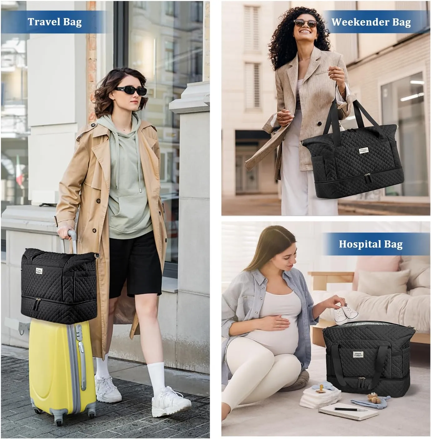 ETRONIK Travel Bag, Weekender Bags for Women, Personal Item Travel Bag with Wet Pocket, Duffel Bag for Travel with Shoes Compartment, 37L Hospital Bag for Labor and Delivery (Black)