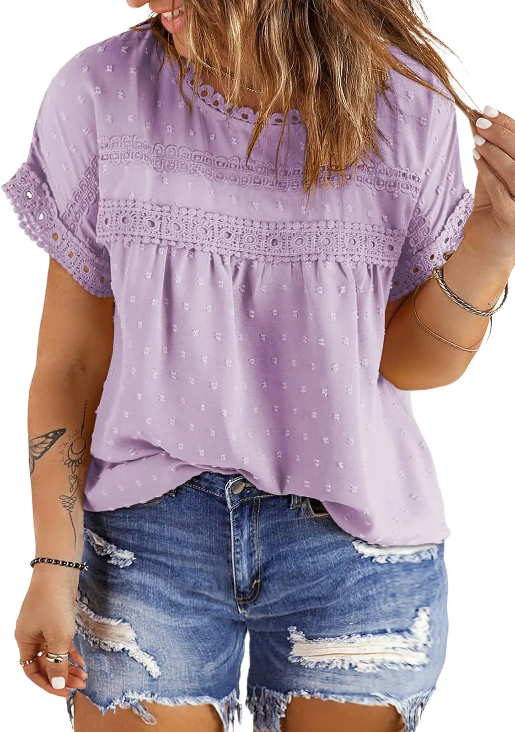 Eytino Women Plus Size Tops Crewneck Short Sleeve Lace Crochet Loose Casual Summer Blouses Shirts(1X-5X)