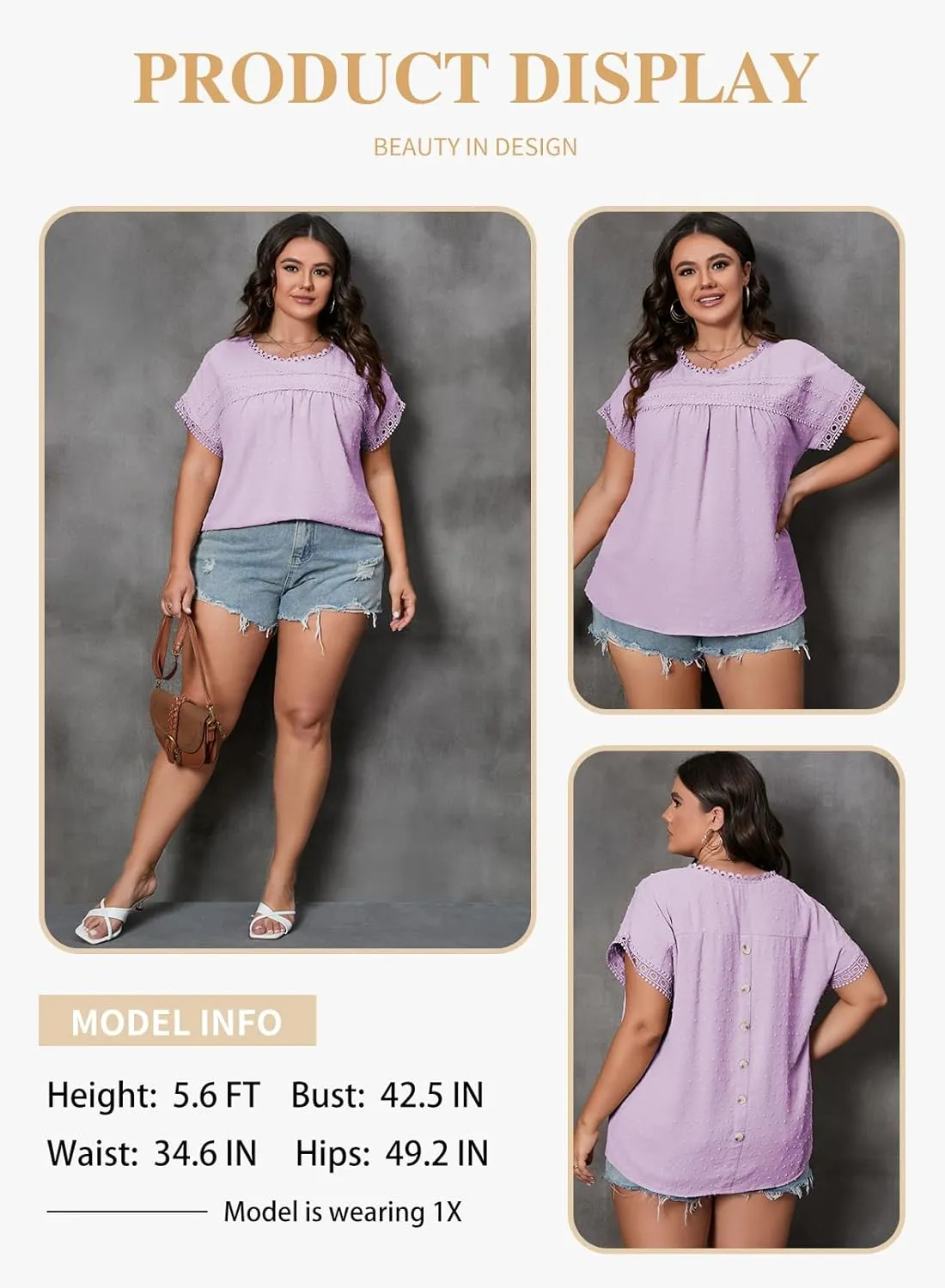 Eytino Women Plus Size Tops Crewneck Short Sleeve Lace Crochet Loose Casual Summer Blouses Shirts(1X-5X)