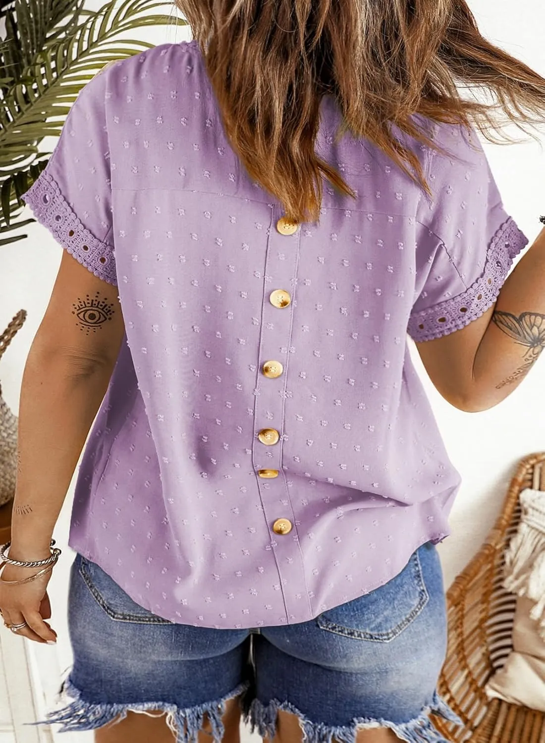 Eytino Women Plus Size Tops Crewneck Short Sleeve Lace Crochet Loose Casual Summer Blouses Shirts(1X-5X)
