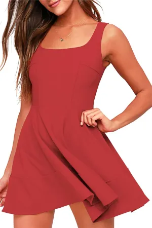 FANCYINN Women's Short V-Back Dress U-Neck Inslace Hem Wide Straps Tank Mini Skater Cocktail Dresses