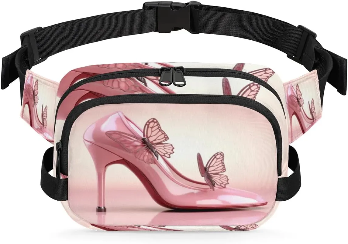 Fanny Pack for Women Men, Pink High Heels Waist Pack Bag Butterfly Shoes Waterproof Belt Bag with Adjustable Strap Casual Hip Bum Bag Crossbody Bags for Running Trave Hiking Cycling Workout