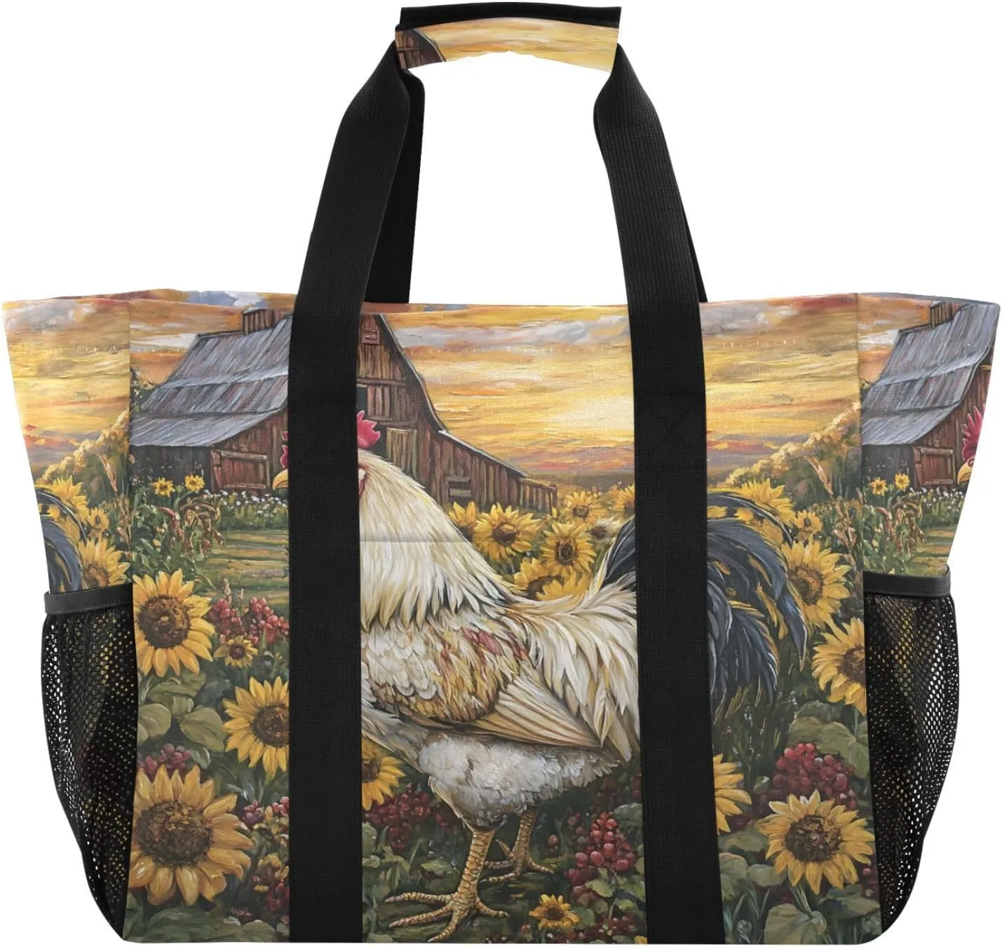 Farmhouse Rooster and Sunflower Large Beach Bags for Women & Men,Waterproof Sandproof Beach Tote Swim Pool Bag for Pool Gym Grocery Travel