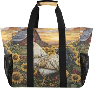 Farmhouse Rooster and Sunflower Large Beach Bags for Women & Men,Waterproof Sandproof Beach Tote Swim Pool Bag for Pool Gym Grocery Travel