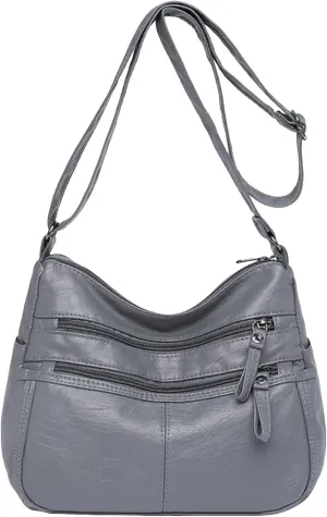 Fashion Casual Women's Retro Soft Leather Zipper Double Pocket Shoulder Messenger Bag Rustic Shoulder (Grey, One Size)