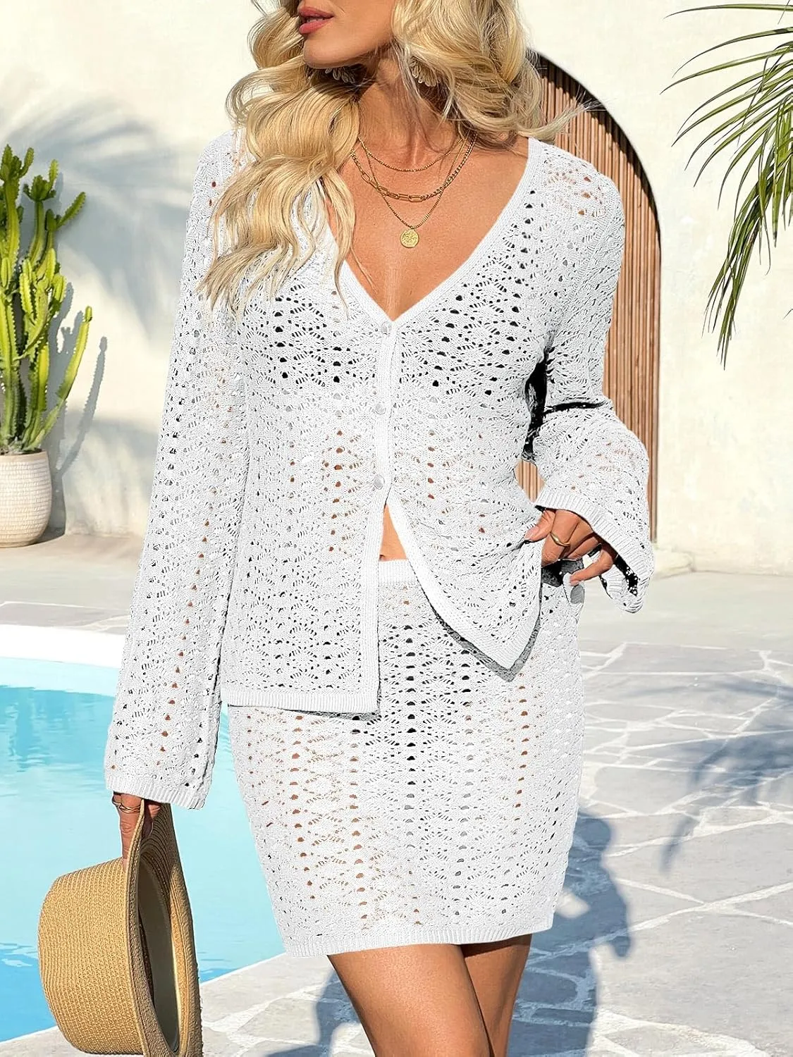 Fisoew Womens Crochet 2 Piece Cover Up V Neck Bell Sleeve Button Cardigan Sheer Mesh Beach Mini Skirt Coverup Set