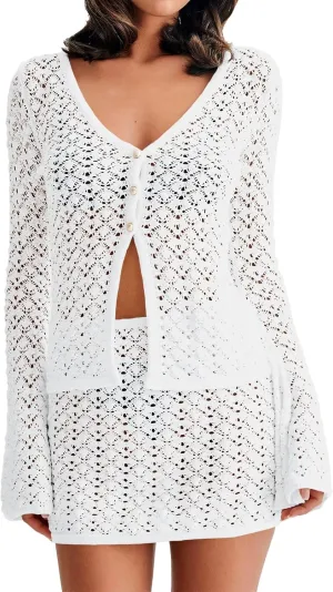 Fisoew Womens Crochet 2 Piece Cover Up V Neck Bell Sleeve Button Cardigan Sheer Mesh Beach Mini Skirt Coverup Set