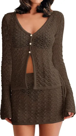 Fisoew Womens Crochet 2 Piece Cover Up V Neck Bell Sleeve Button Cardigan Sheer Mesh Beach Mini Skirt Coverup Set