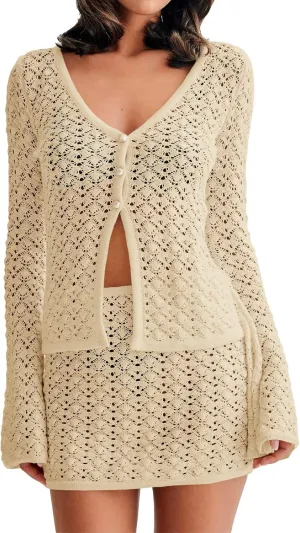 Fisoew Womens Crochet 2 Piece Cover Up V Neck Bell Sleeve Button Cardigan Sheer Mesh Beach Mini Skirt Coverup Set