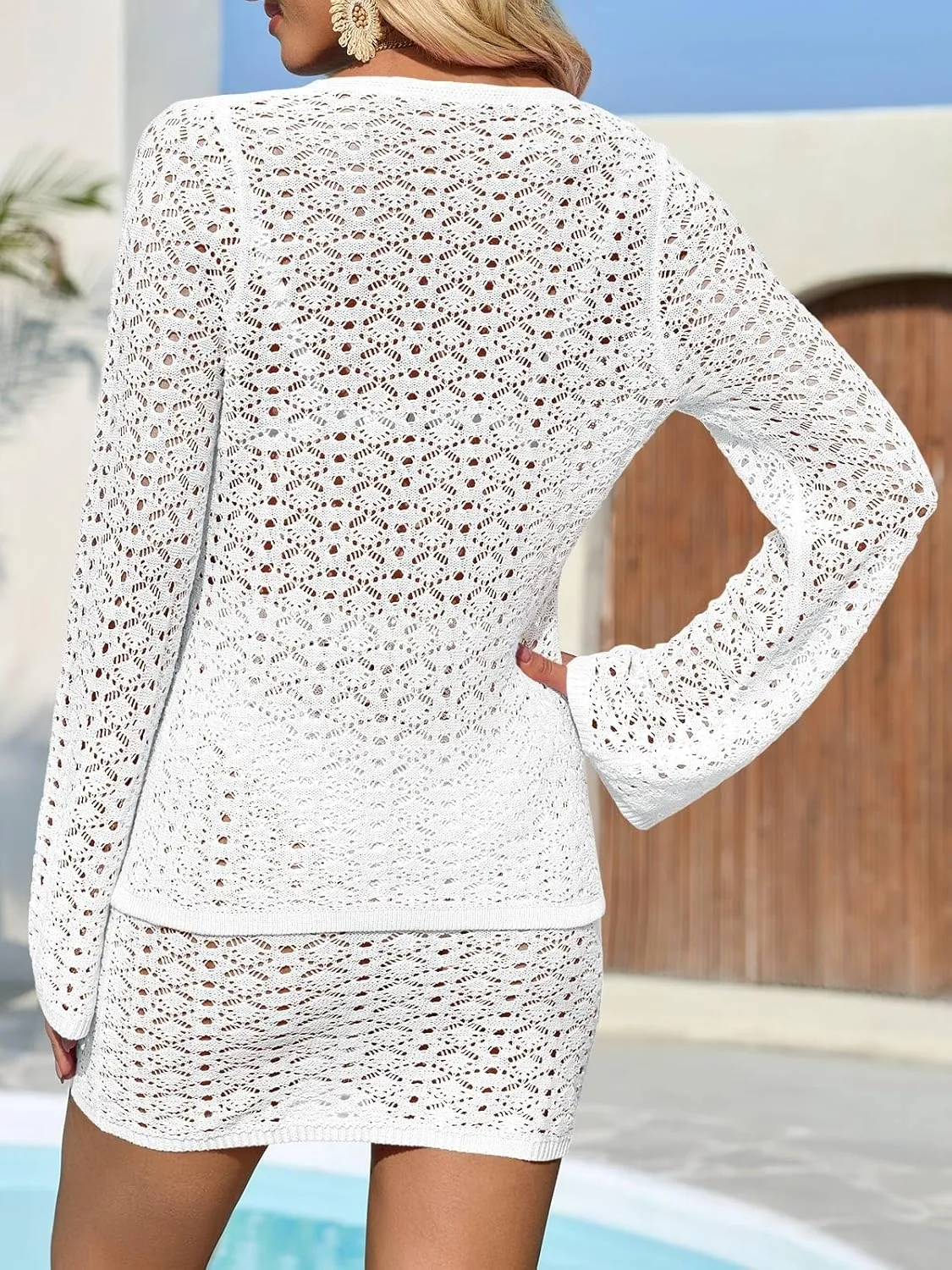 Fisoew Womens Crochet 2 Piece Cover Up V Neck Bell Sleeve Button Cardigan Sheer Mesh Beach Mini Skirt Coverup Set