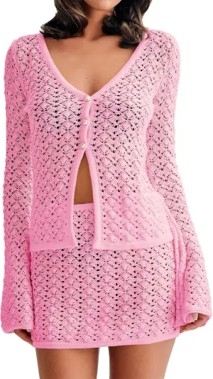Fisoew Womens Crochet 2 Piece Cover Up V Neck Bell Sleeve Button Cardigan Sheer Mesh Beach Mini Skirt Coverup Set