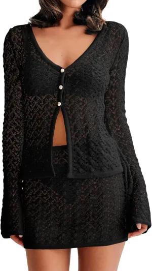 Fisoew Womens Crochet 2 Piece Cover Up V Neck Bell Sleeve Button Cardigan Sheer Mesh Beach Mini Skirt Coverup Set