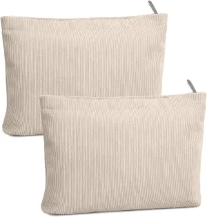 FITDON 2PCS Cosmetic Bags for Women Makeup Bag for Purse Small Corduroy Makeup Pouch Travel Make Up Bag with Zipper Toiletry Bag Organizer, Beige