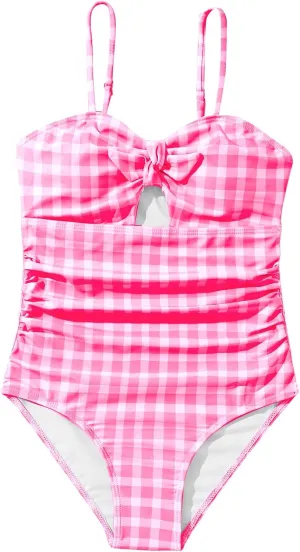 Floerns Girl's Gingham Print Ruched Cut Out Knot Front One Piece Swimsuit