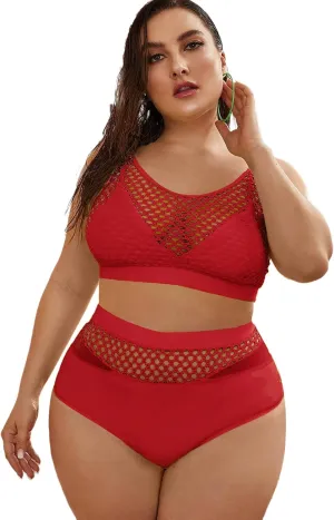 Floerns Women's Plus Size Bathing Suit Fishnet High Waist Bikini Set Rave Outfit
